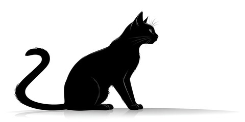 Majestic black cat silhouette sitting gracefully, providing a sleek feline shape on a crisp white background