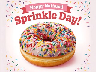 Celebration of national sprinkle day with a glazed donut covered in colorful sprinkles