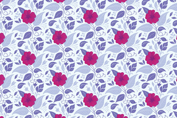 botanical floral drawing in a continuous seamless format with cotton and leaf elements suitable for textile design and packaging use

