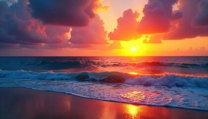 Vibrant Sunrise Paints Tranquil Beach at Golden Hour Perfect for Travel and Vacation Themes