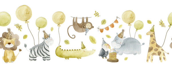 Watercolor Safari Animals Party Seamless Border Frame with Lion, Zebra, Crocodile, Monkey, Toucan, Hippo and Giraffe, Balloons and Banner PNG for Kids’ Invitations and Nursery Decor © SophieMyWatercolor