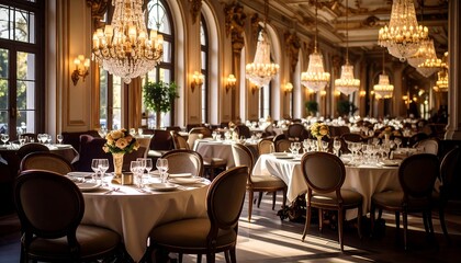 Elegant Ballroom Luxury dining tables set with chandeliers with ready for event.