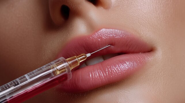 Cosmetic procedures. Close-up of lips filler with a syringe for cosmetic procedures.