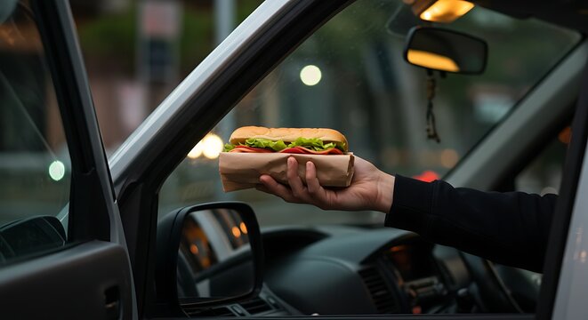 Person holding a sandwich from car window, showcasing a quick and easy meal