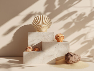 Obraz na płótnie Canvas Minimalist summer podium with sand texture base and sunlit shadows, decorated with seashells and driftwood, clean layout 