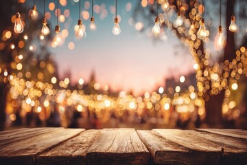 Rustic wooden table at a twilight outdoor festival.  Warm lights twinkle from above, blurring to a festive scene beyond