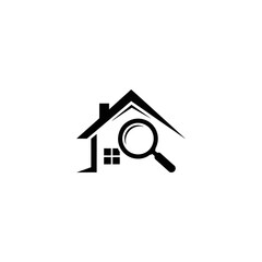 A black and white logo of a house with a magnifying glass over it in a simple vector design