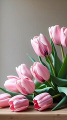 Fototapeta premium Romantic Pink Tulips in Vertical Frame – Soft Bloom with Green Leaves