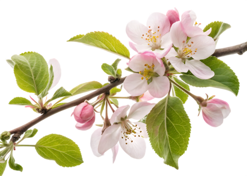 Delicate pink apple blossoms and green leaves on a brown branch isolated on a transparent background