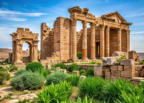 Ancient temple ruins with crumbling stone structures and overgrown vegetation in Hatra