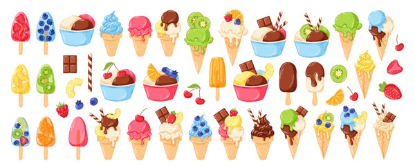 Colorful ice cream and fruit dessert constructor collection with cone, scoop, popsicle, topping. Ideal for summer menu packaging, pattern or kids design in cartoon isolated on white background.