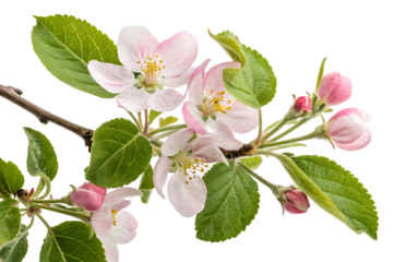 Delicate pink apple blossoms and green leaves on a dark branch isolated on a transparent background spring