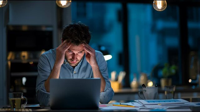 An employee sits at a cluttered desk late at night, visibly stressed while trying to manage work tasks. With papers scattered around, the atmosphere is intense and pressured