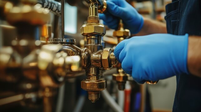 Close-up of gloved hands adjusting brass valves on industrial machinery.