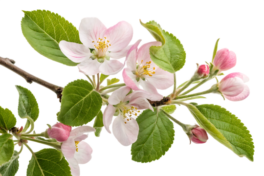 Delicate pink apple blossoms and green leaves on a dark branch isolated on a transparent background spring - Powered by Adobe