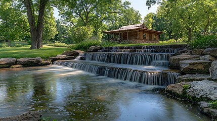Serene waterfall cascading near a rustic cabin surrounded by lush greenery in a tranquil park