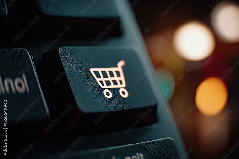 Fototapete Close-up of a shopping cart key on a dark computer keyboard, with out-of-focus city lights in the background