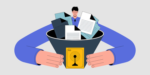 data specialist using a funnel to create a golden record from multiple documents, vector illustration for core master data management, data consolidation and creating a single source of truth
