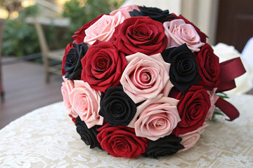 Dramatic Bouquet of Red and Black Roses with Soft Pink Accents