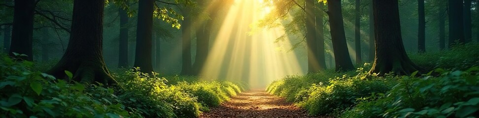 Sunbeams Illuminate Mysterious Forest Path, Inviting Exploration and Adventure Deep Within Lush Woods