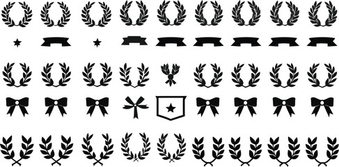Collection of Black and White Laurel Wreaths Ribbons Bows and Star Icons