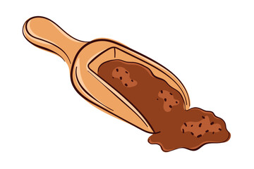 Flat illustration of a wooden scoop filled with cinnamon powder on white background. Perfect for spice, food, cooking, baking and natural ingredient concept.