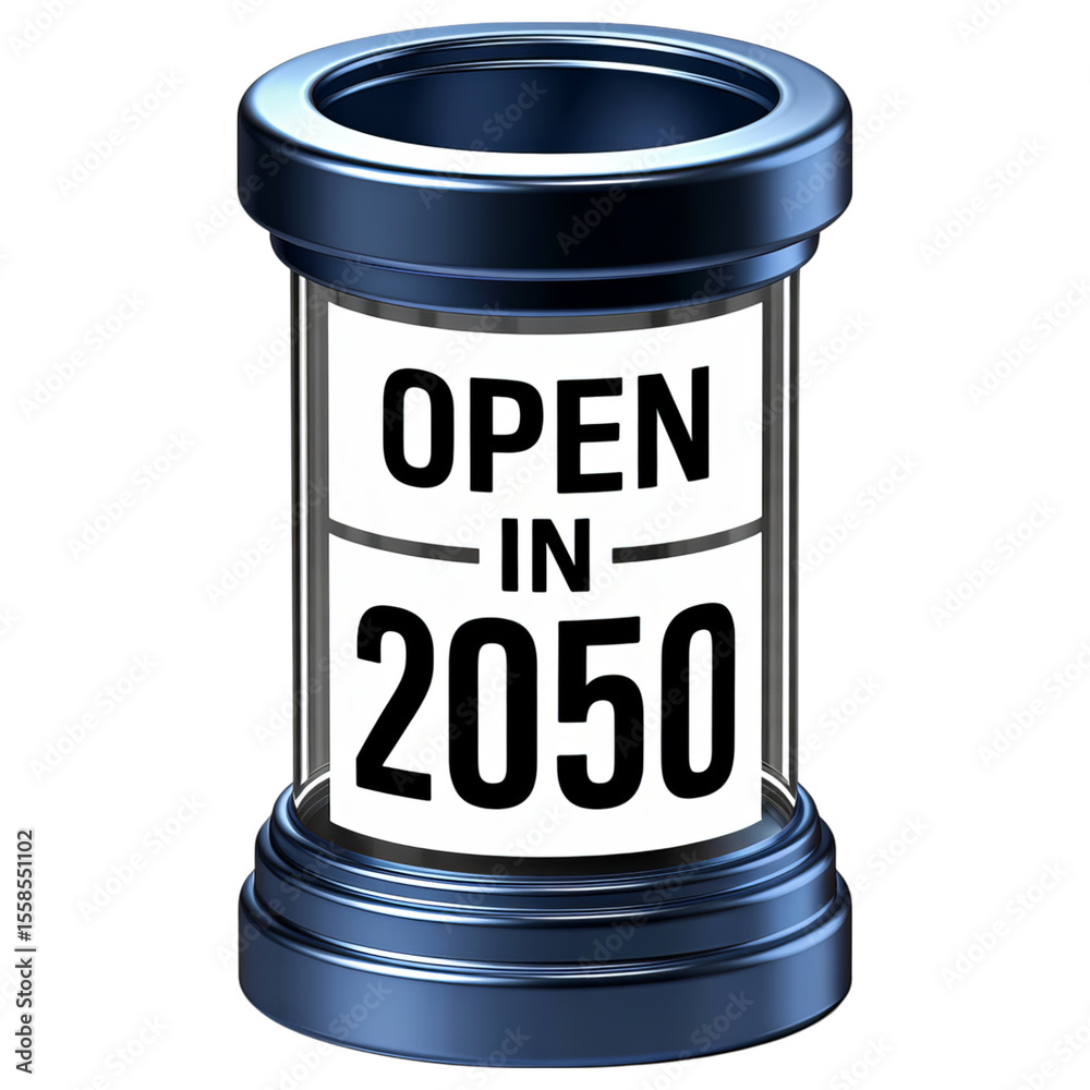Fototapete futuristic metallic display case showing text open in 2050 isolated on transparent background