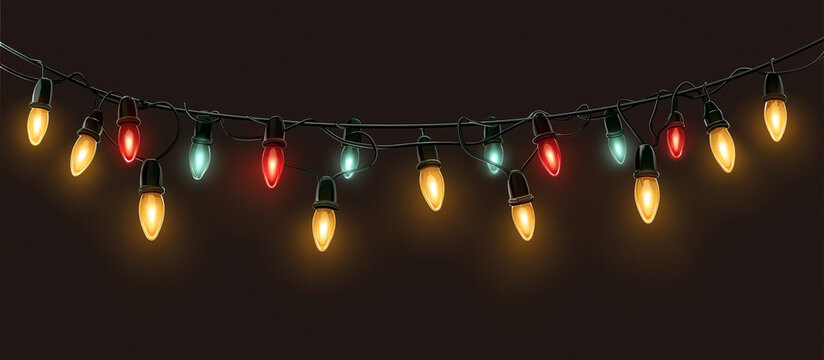 Vector Christmas lights on a transparent background. Christmas light PNG. Set of Christmas glowing garlands. For advertising invitations, web banners, postcards. Vector. Christmas decoration, LED lam