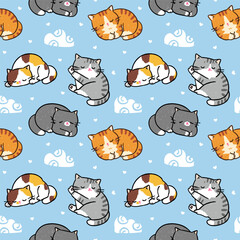Seamless Pattern with Cartoon Cat Sleeping Design on Blue Background. Hand Drawn Vector Illustration.