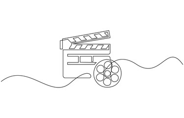 Continuous line drawing of retro old classic movie board clapper and film reel, Movie scene episode production concept. Vector illustration isolated on white.