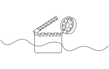 Continuous line drawing of retro old classic movie board clapper and film reel, Movie scene episode production concept. Vector illustration isolated on white.
