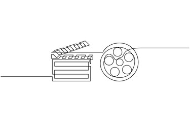 Continuous line drawing of retro old classic movie board clapper and film reel, Movie scene episode production concept. Vector illustration isolated on white.