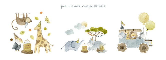 Fototapeta premium Pre-Made Watercolor Safari Birthday Composition Pack with Monkey, Giraffe & Bird Cake Scene; Elephant & Rhino Celebration; Safari Jeep with Lion, Zebra, Hippo & Toucan. 