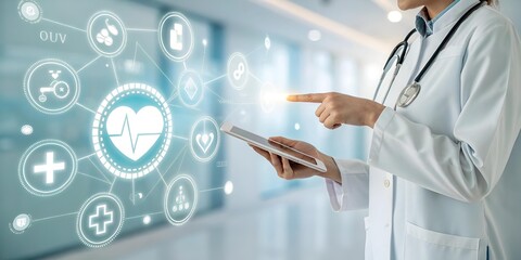 Professional doctor using technology and digital health applications for modern healthcare management with medical network icons.