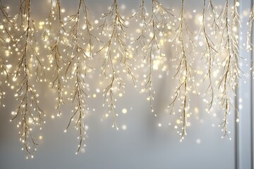 Warm, golden lights strung on branches, against a soft, light gray background. Illuminated, delicate branches cascade downwards, with tiny, glowing lights. A gentle snowfall effect adds depth