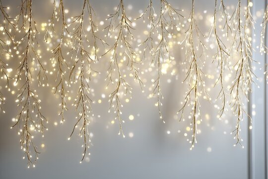 Warm, golden lights strung on branches, against a soft, light gray background. Illuminated, delicate branches cascade downwards, with tiny, glowing lights. A gentle snowfall effect adds depth
