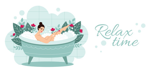 Woman taking a relaxing bath banner.Self-care, wellness and tranquility concept.Vector cartoon flat illustration