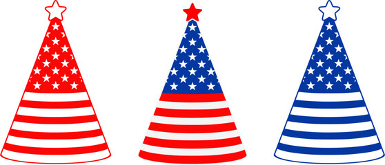 Patriotic Party Hat Set in American Flag Colors – Independence Day Vector