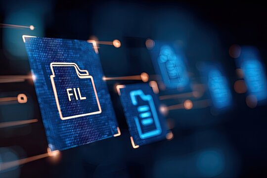 Digital file icons on a futuristic interface.  Blurred glowing lines connect them - Powered by Adobe