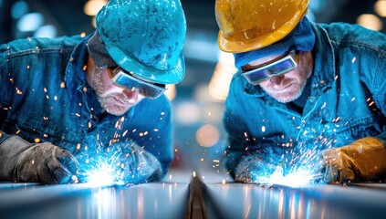 Industrial workers welding steel together in a manufacturing environment