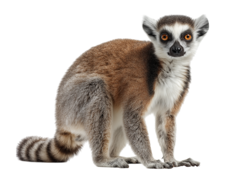 A striking Ring-tailed lemur perches, displaying its distinctive ringed tail and expressive face.