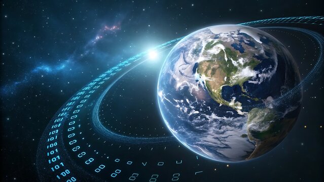 A vibrant earth surrounded by binary code ring in a cosmic setting with a bright light source - ai generated