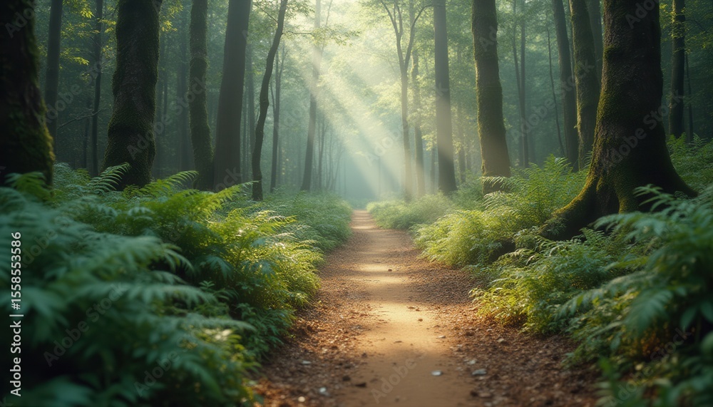 Poster Sunlight streaming through trees on a peaceful forest path