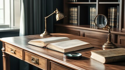 Open and closed books with magnifying glass on wooden desk