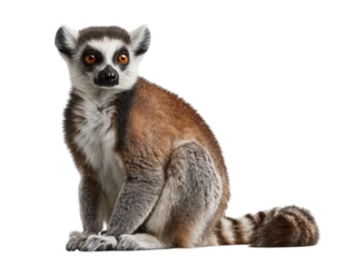 A close-up shot of a ring-tailed lemur sitting gracefully, revealing its distinctive features. 