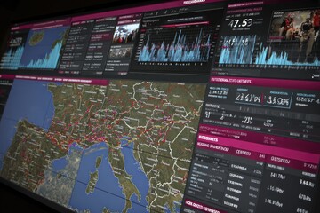 Large display showing multiple data visualizations. Interactive maps, charts, graphs, and news feeds displayed on a dynamic dashboard. European focus