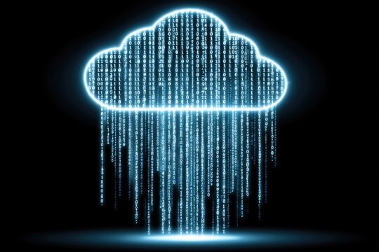 Glowing cloud icon with cascading binary code