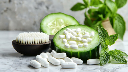 White pills are arranged on cucumber slices with mint and a brush on a marble surface