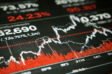 Close-up of a financial data display showing fluctuating stock market graphs and percentages.  Red and white lines depict trends.  Large numeric values are present