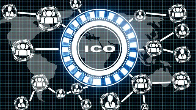 Businessman presses currencies button ICO Initial Coin Offering on virtual digital electronic user interface ,communication network Business. Futuristic digital technology animated background concept.